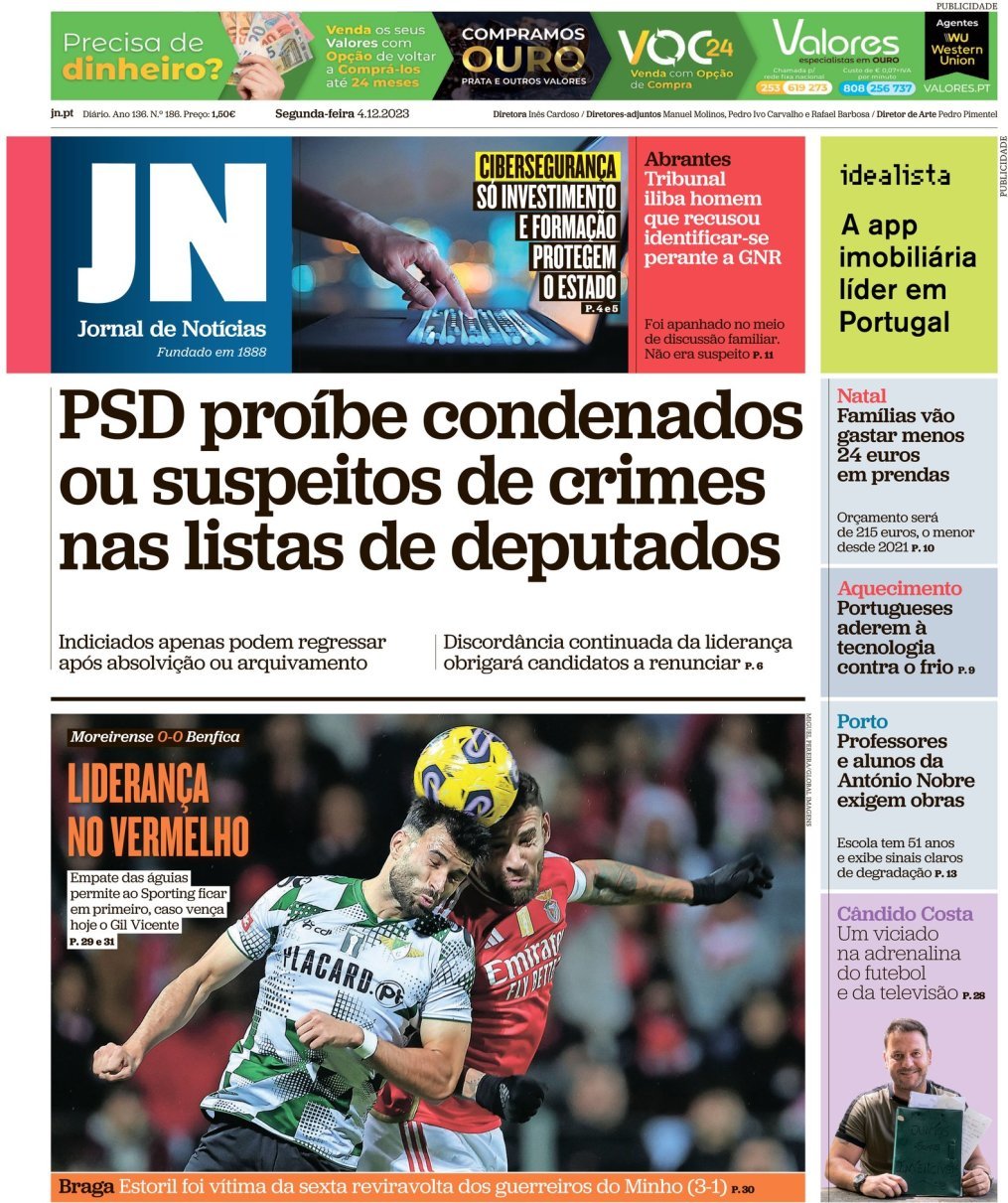 Jornal de Not&iacute;cias: Capa da Edi&ccedil;&atilde;o de segunda-feira, 04 de dezembro 2023