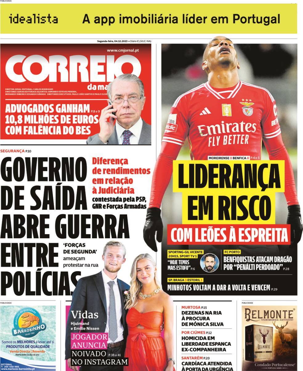 Correio da Manh&atilde;: Capa da Edi&ccedil;&atilde;o de segunda-feira, 04 de dezembro 2023