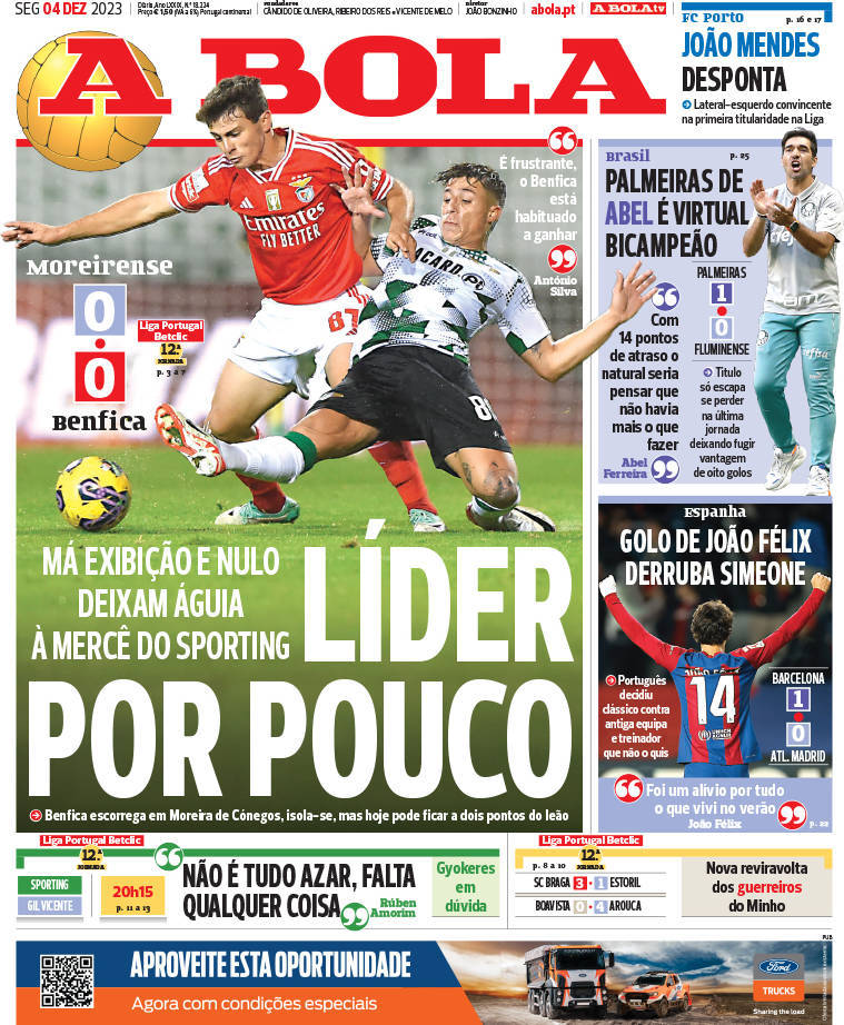 A Bola: Capa da Edi&ccedil;&atilde;o de segunda-feira, 04 de dezembro 2023