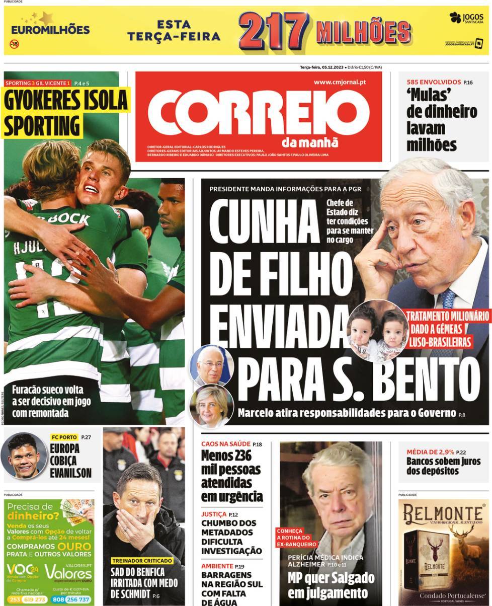Correio da Manh&atilde;: Capa da Edi&ccedil;&atilde;o de ter&ccedil;a-feira, 05 de dezembro 2023