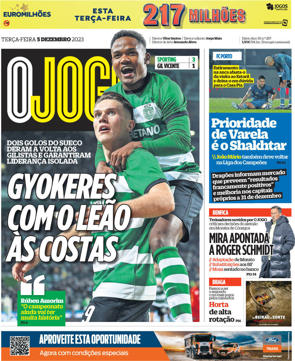 O Jogo: Capa da Edi&ccedil;&atilde;o de ter&ccedil;a-feira, 05 de dezembro 2023