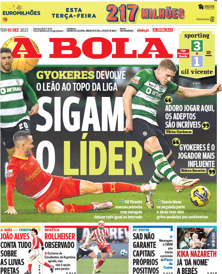 A Bola: Capa da Edi&ccedil;&atilde;o de ter&ccedil;a-feira, 05 de dezembro 2023