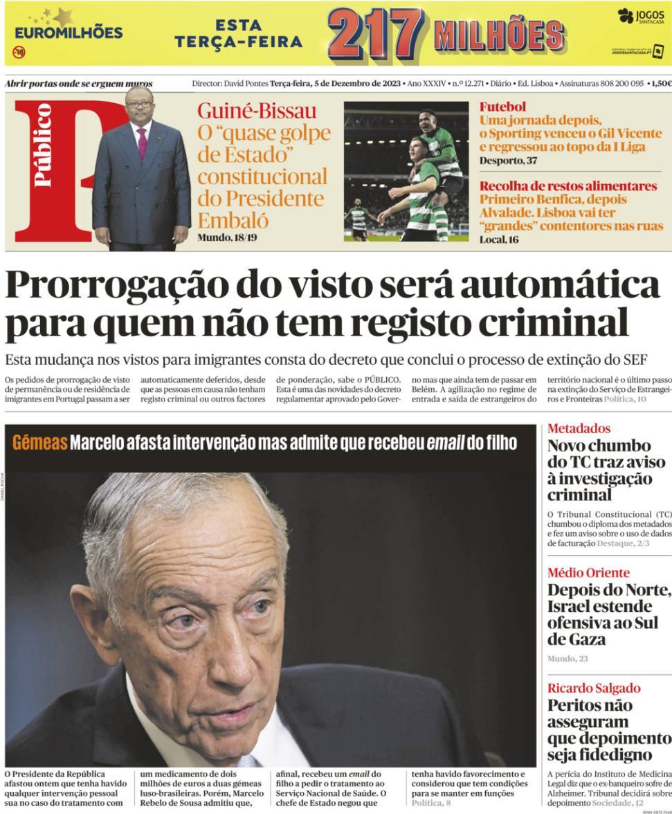 P&uacute;blico: Capa da Edi&ccedil;&atilde;o de ter&ccedil;a-feira, 05 de dezembro 2023