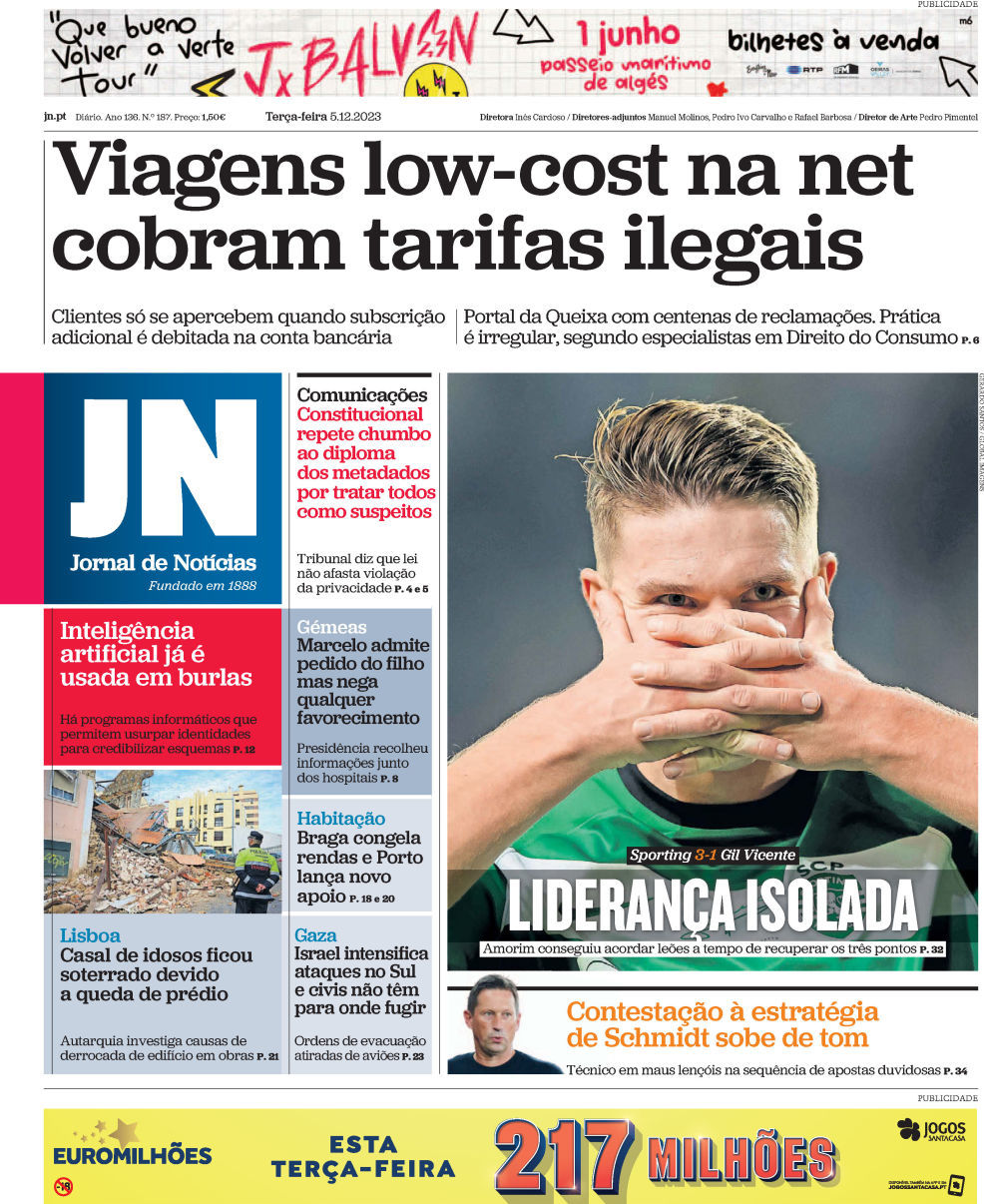 Jornal de Not&iacute;cias: Capa da Edi&ccedil;&atilde;o de ter&ccedil;a-feira, 05 de dezembro 2023