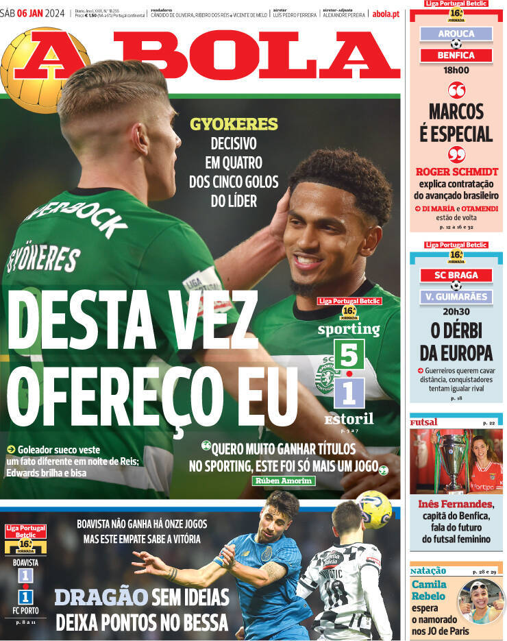 A Bola: Capa da Edi&ccedil;&atilde;o de s&aacute;bado, 06 de janeiro 2024