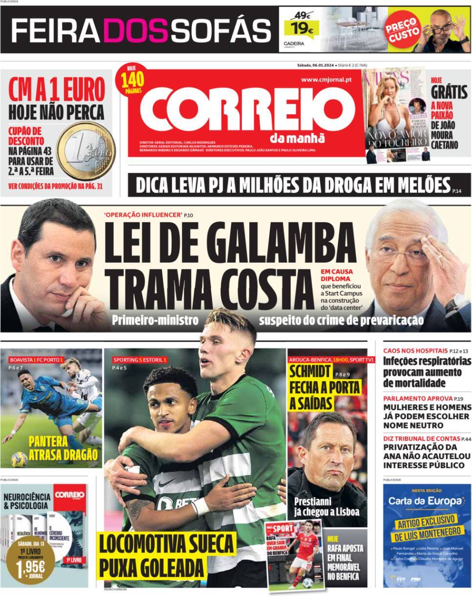 Correio da Manh&atilde;: Capa da Edi&ccedil;&atilde;o de s&aacute;bado, 06 de janeiro 2024