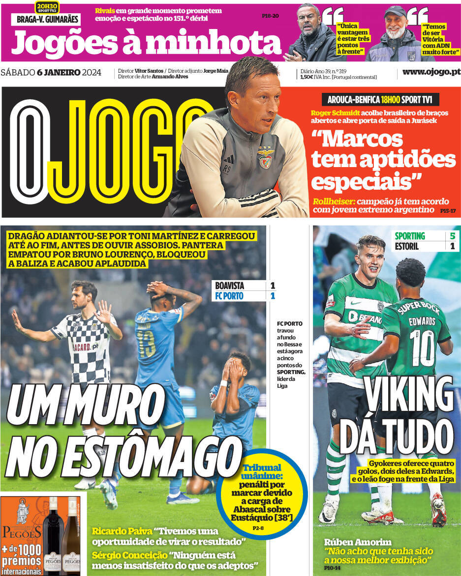 O Jogo: Capa da Edi&ccedil;&atilde;o de s&aacute;bado, 06 de janeiro 2024