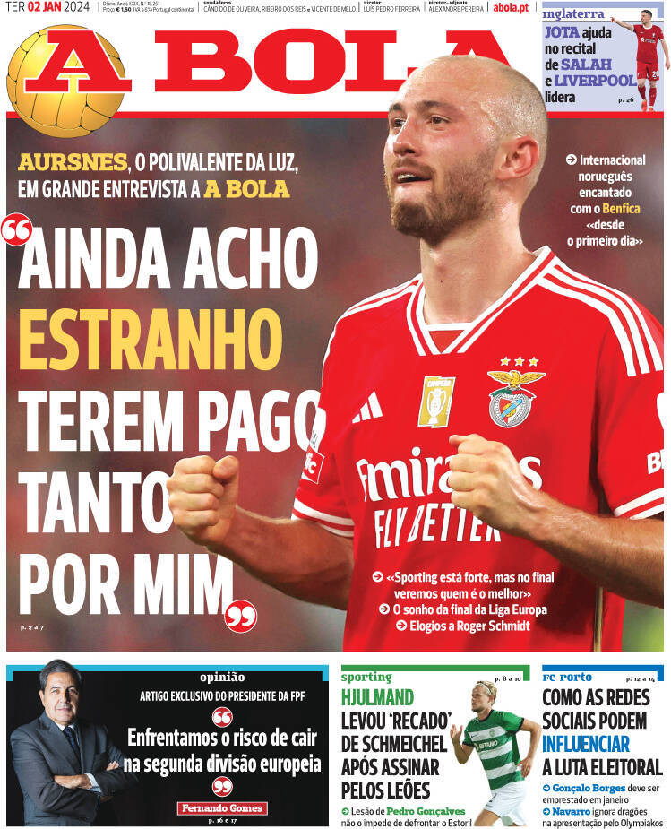 A Bola: Capa da Edi&ccedil;&atilde;o de ter&ccedil;a-feira, 02 de janeiro 2024