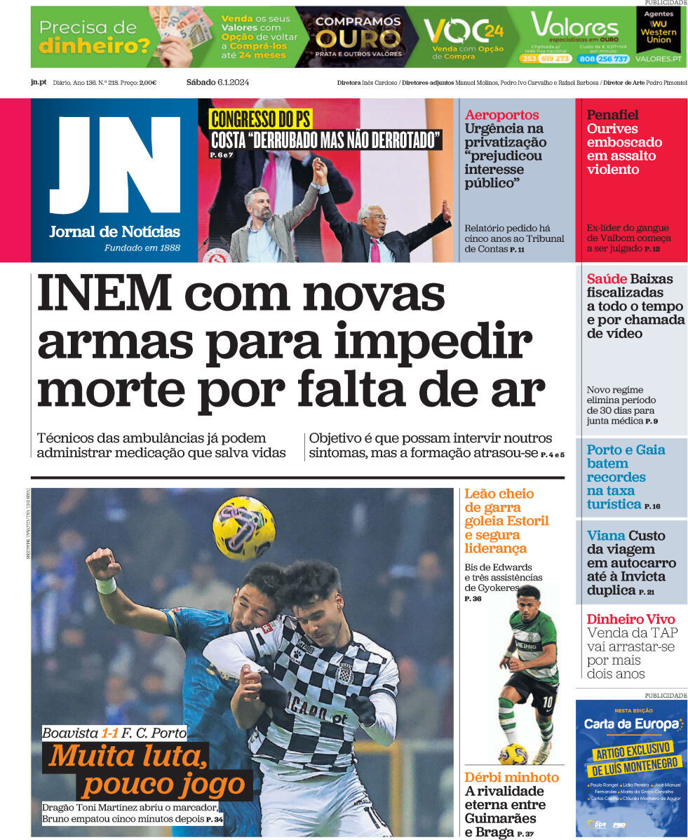 Jornal de Not&iacute;cias: Capa da Edi&ccedil;&atilde;o de s&aacute;bado, 06 de janeiro 2024