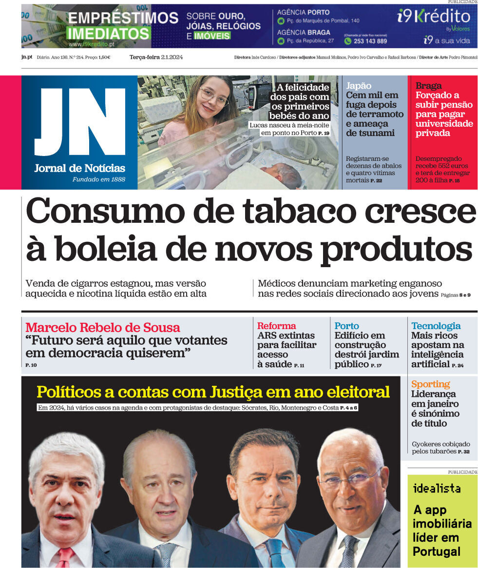 Jornal de Not&iacute;cias: Capa da Edi&ccedil;&atilde;o de ter&ccedil;a-feira, 02 de janeiro 2024