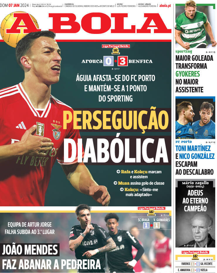A Bola: Capa da Edi&ccedil;&atilde;o de domingo, 07 de janeiro 2024