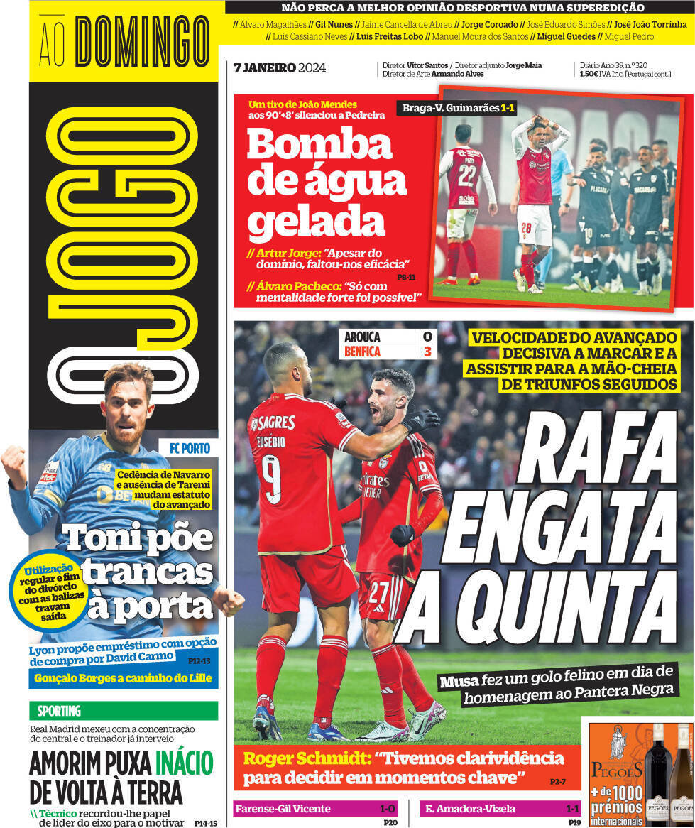 O Jogo: Capa da Edi&ccedil;&atilde;o de domingo, 07 de janeiro 2024