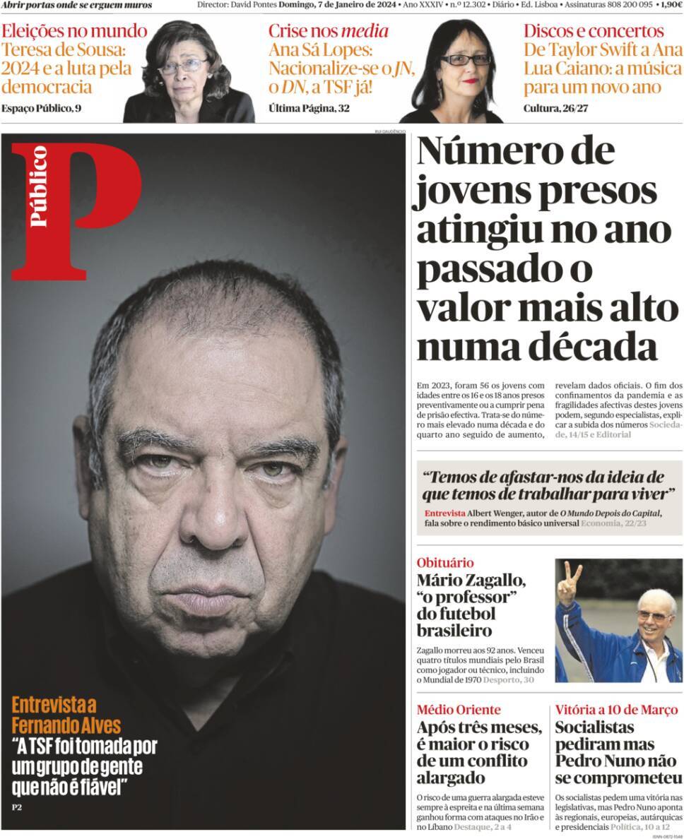 P&uacute;blico: Capa da Edi&ccedil;&atilde;o de domingo, 07 de janeiro 2024