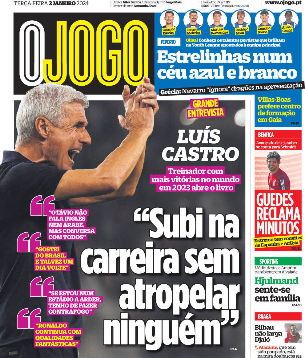 O Jogo: Capa da Edi&ccedil;&atilde;o de ter&ccedil;a-feira, 02 de janeiro 2024