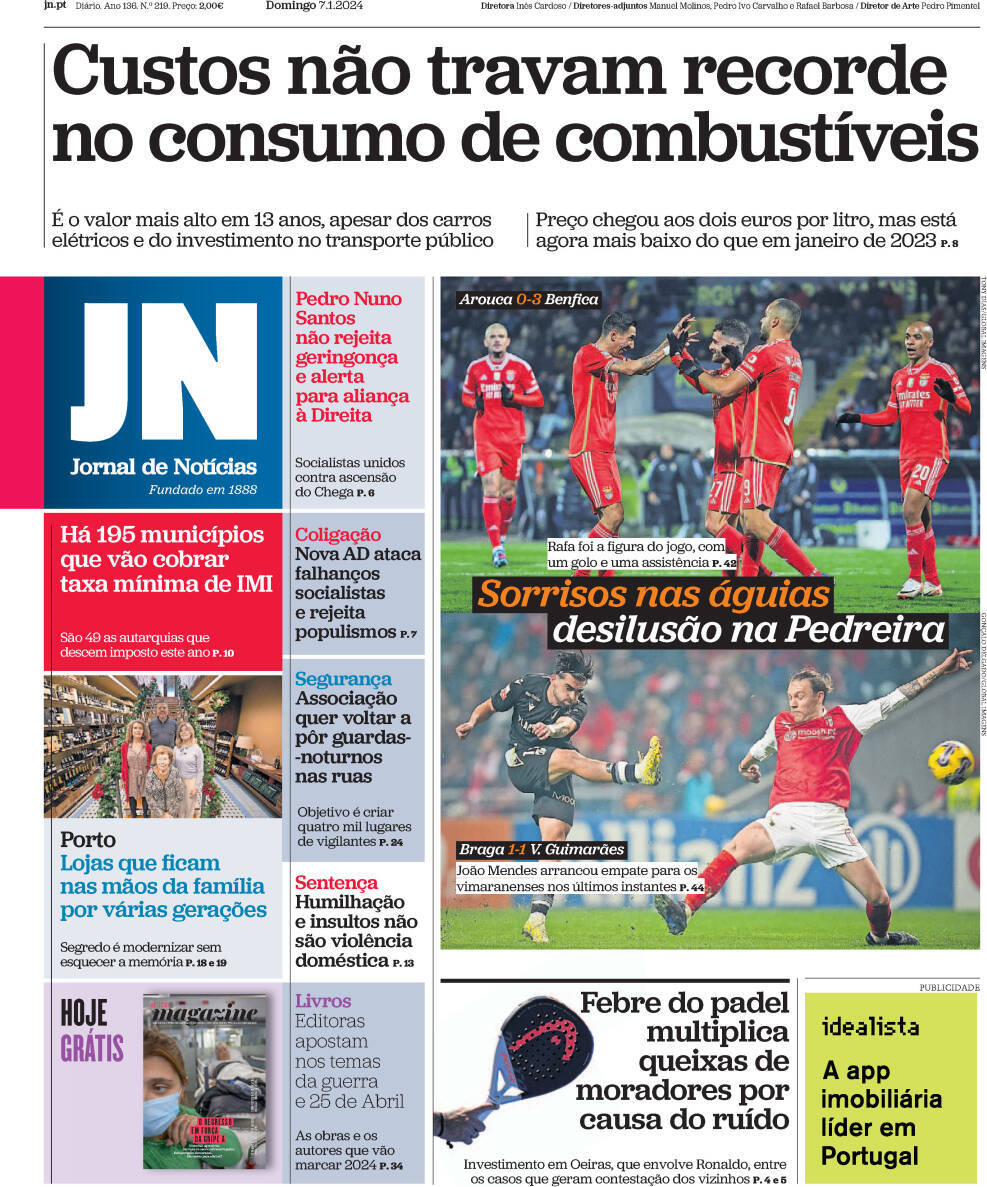 Jornal de Not&iacute;cias: Capa da Edi&ccedil;&atilde;o de domingo, 07 de janeiro 2024