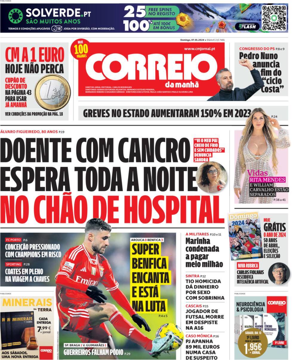 Correio da Manh&atilde;: Capa da Edi&ccedil;&atilde;o de domingo, 07 de janeiro 2024