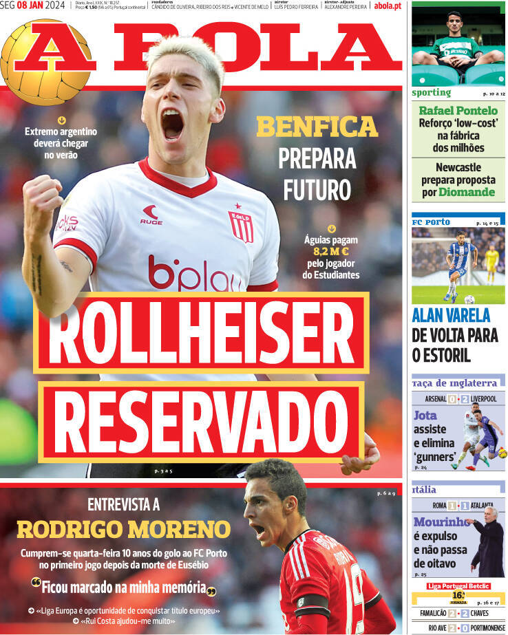 A Bola: Capa da Edi&ccedil;&atilde;o de segunda-feira, 08 de janeiro 2024