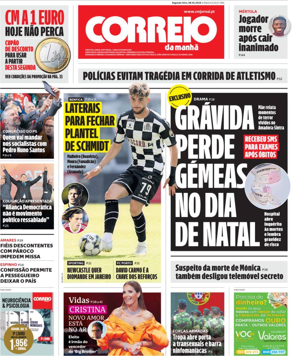 O Jogo: Capa da Edi&ccedil;&atilde;o de segunda-feira, 08 de janeiro 2024