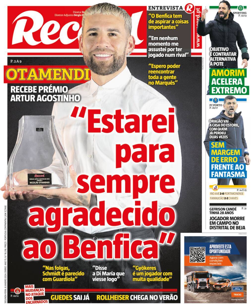 Record: Capa da Edi&ccedil;&atilde;o de segunda-feira, 08 de janeiro 2024