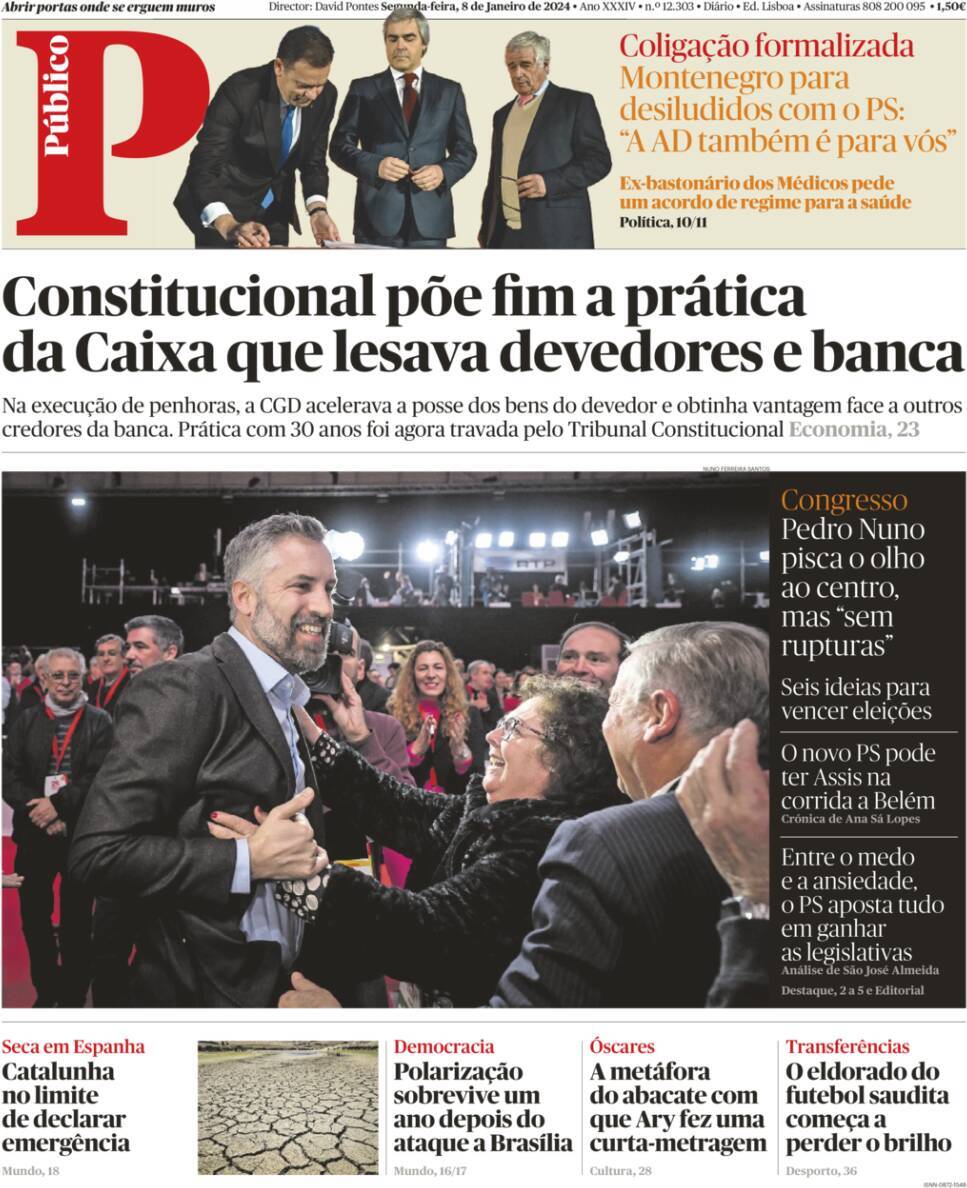 P&uacute;blico: Capa da Edi&ccedil;&atilde;o de segunda-feira, 08 de janeiro 2024