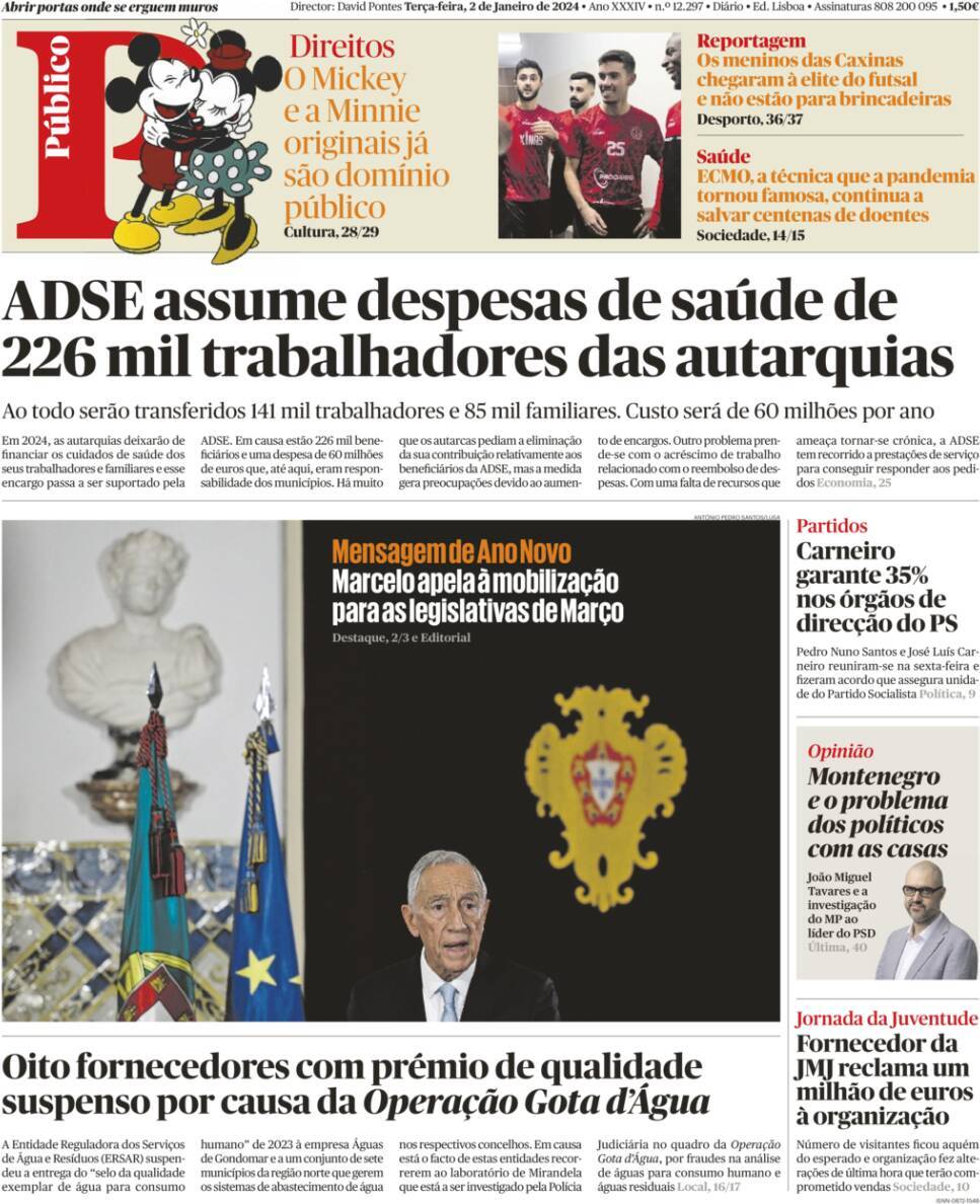 P&uacute;blico: Capa da Edi&ccedil;&atilde;o de ter&ccedil;a-feira, 02 de janeiro 2024