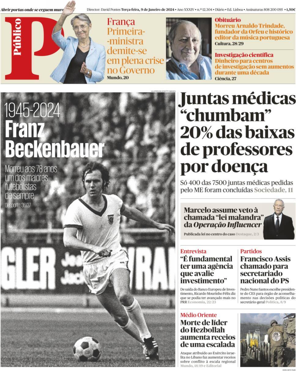 P&uacute;blico: Capa da Edi&ccedil;&atilde;o de ter&ccedil;a-feira, 09 de janeiro 2024