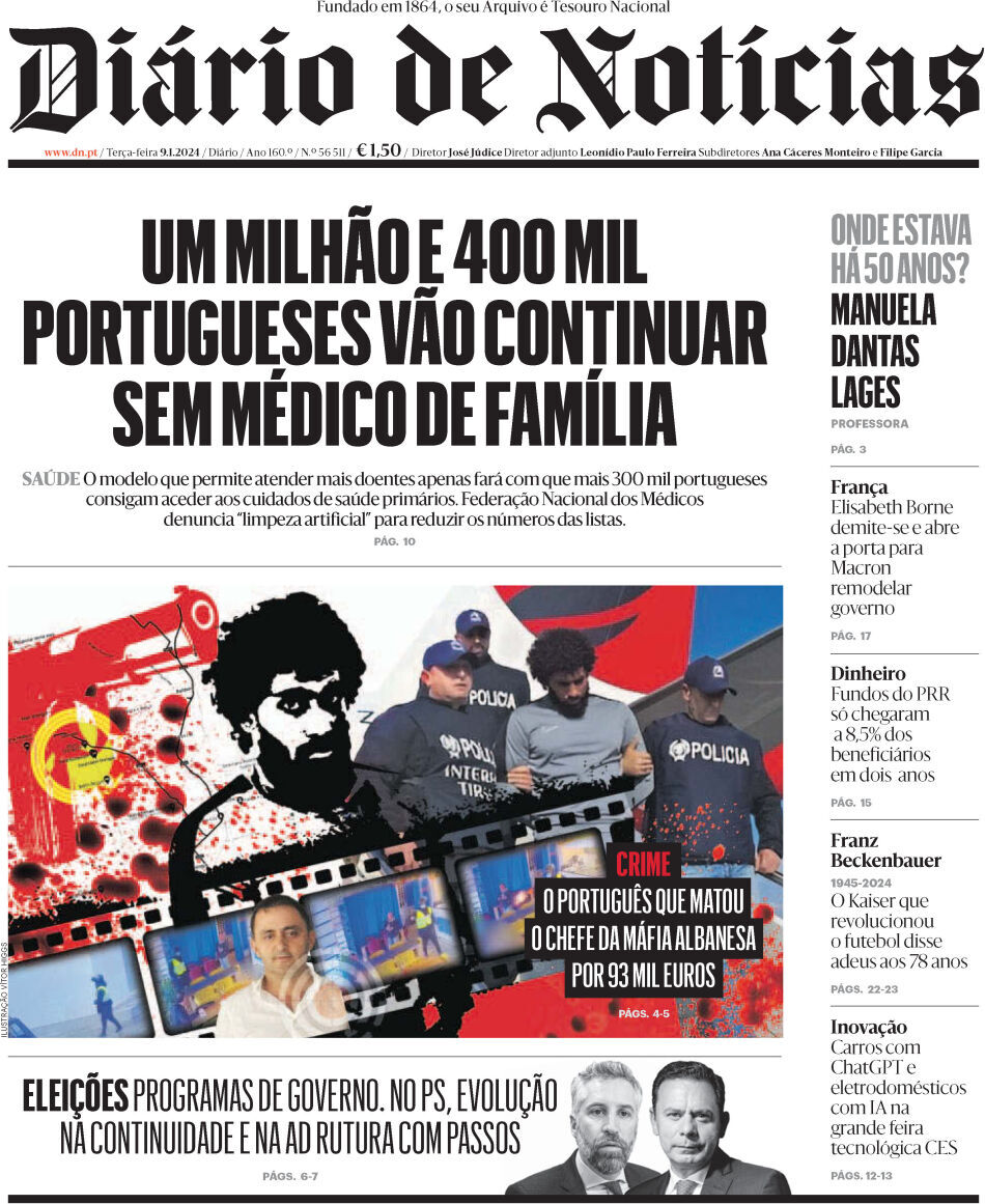 Di&aacute;rio de Not&iacute;cias: Capa da Edi&ccedil;&atilde;o de ter&ccedil;a-feira, 09 de janeiro 2024