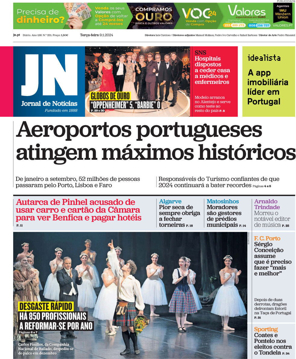 Jornal de Not&iacute;cias: Capa da Edi&ccedil;&atilde;o de ter&ccedil;a-feira, 09 de janeiro 2024