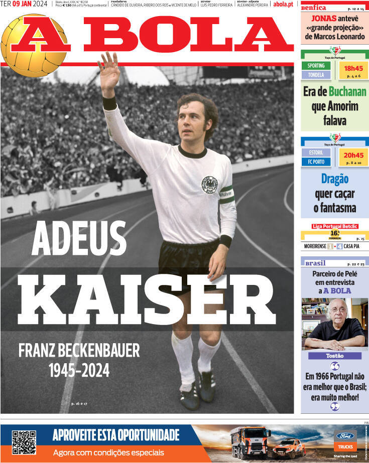 A Bola: Capa da Edi&ccedil;&atilde;o de ter&ccedil;a-feira, 09 de janeiro 2024