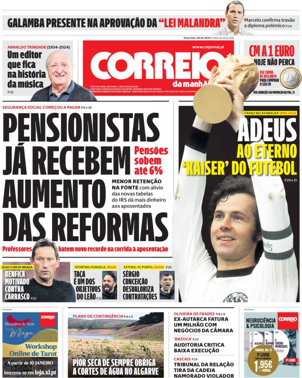 Correio da Manh&atilde;: Capa da Edi&ccedil;&atilde;o de ter&ccedil;a-feira, 09 de janeiro 2024