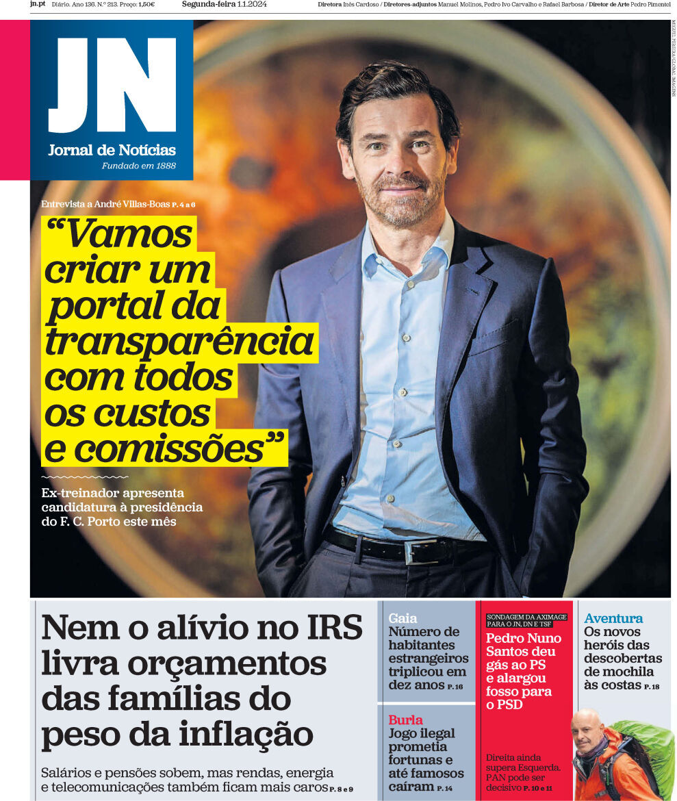 Jornal de Not&iacute;cias: Capa da Edi&ccedil;&atilde;o de segunda-feira, 01 de janeiro 2024
