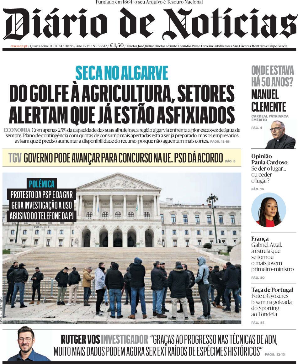 Di&aacute;rio de Not&iacute;cias: Capa da Edi&ccedil;&atilde;o de quarta-feira, 10 de janeiro 2024