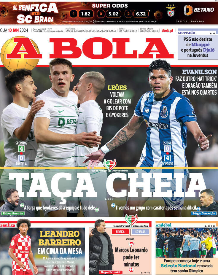 A Bola: Capa da Edi&ccedil;&atilde;o de quarta-feira, 10 de janeiro 2024