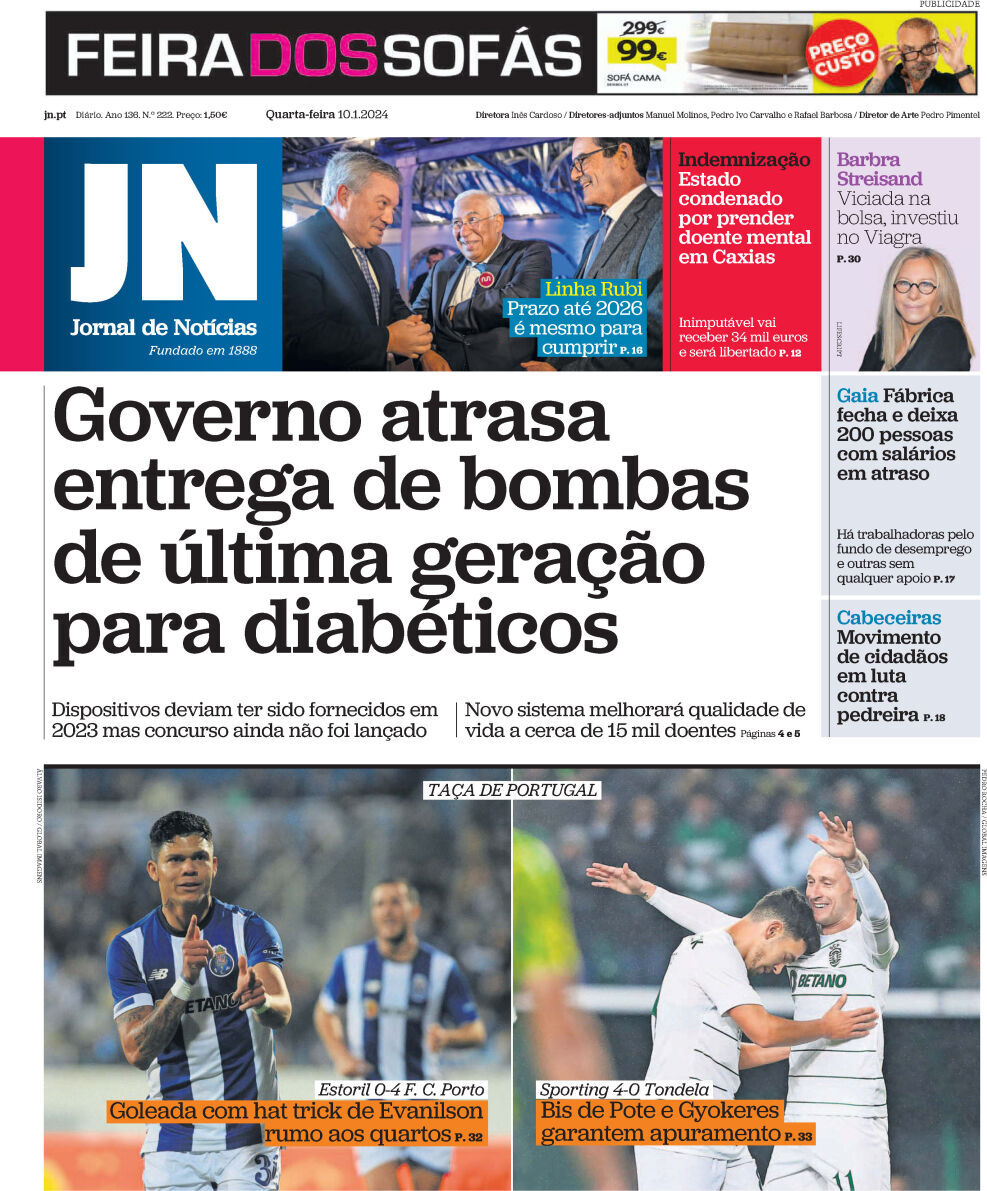 Jornal de Not&iacute;cias: Capa da Edi&ccedil;&atilde;o de quarta-feira, 10 de janeiro 2024