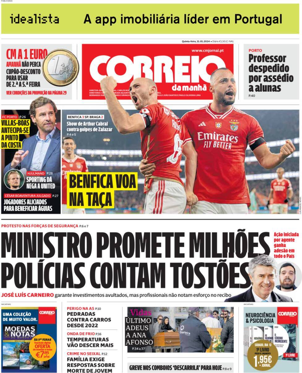 Correio da Manh&atilde;: Capa da Edi&ccedil;&atilde;o de quinta-feira, 11 de janeiro 2024