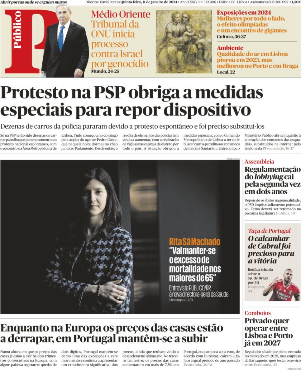 P&uacute;blico: Capa da Edi&ccedil;&atilde;o de quinta-feira, 11 de janeiro 2024