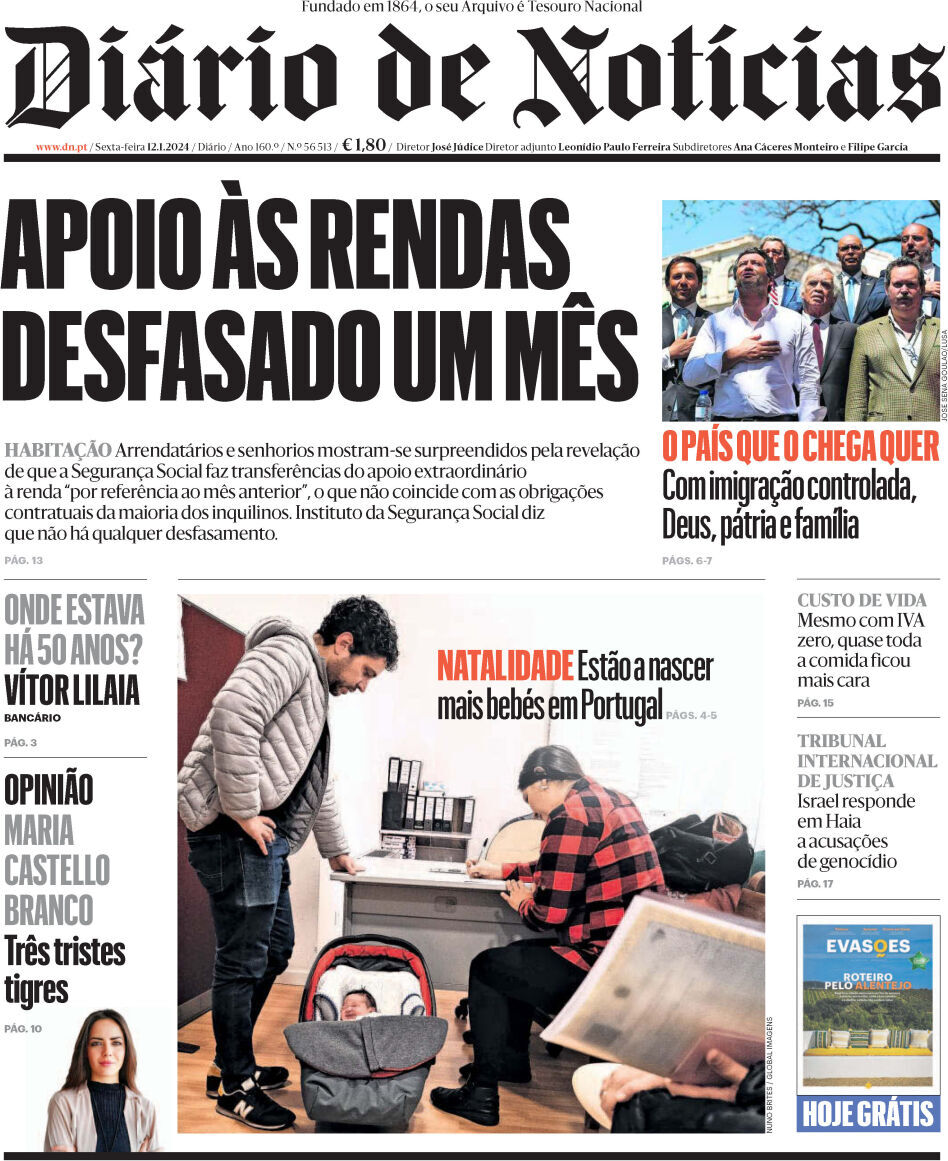 Di&aacute;rio de Not&iacute;cias: Capa da Edi&ccedil;&atilde;o de sexta-feira, 12 de janeiro 2024