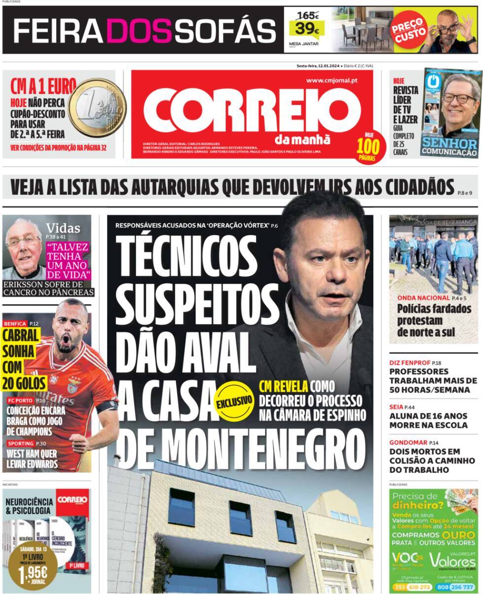 Correio da Manh&atilde;: Capa da Edi&ccedil;&atilde;o de sexta-feira, 12 de janeiro 2024