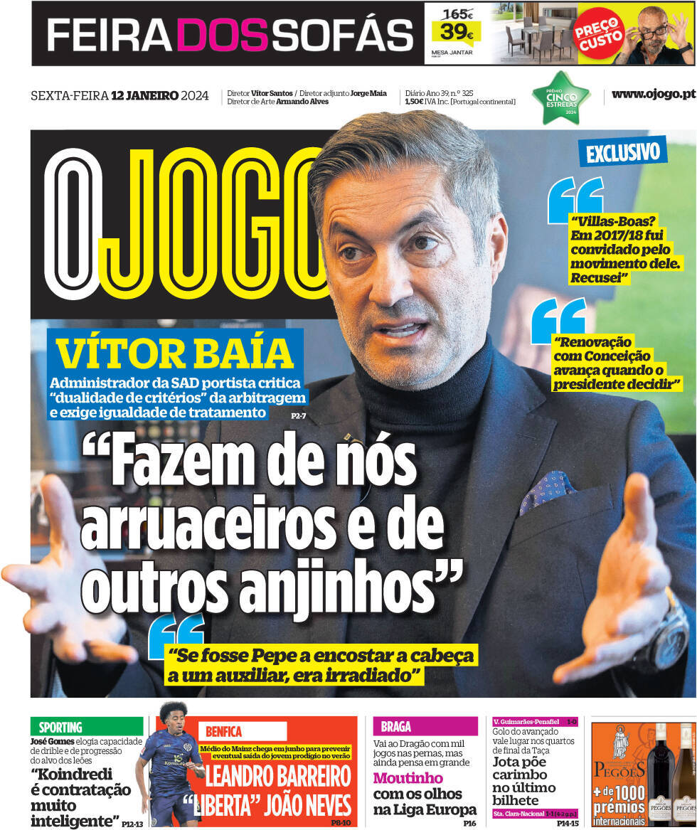 O Jogo: Capa da Edi&ccedil;&atilde;o de sexta-feira, 12 de janeiro 2024