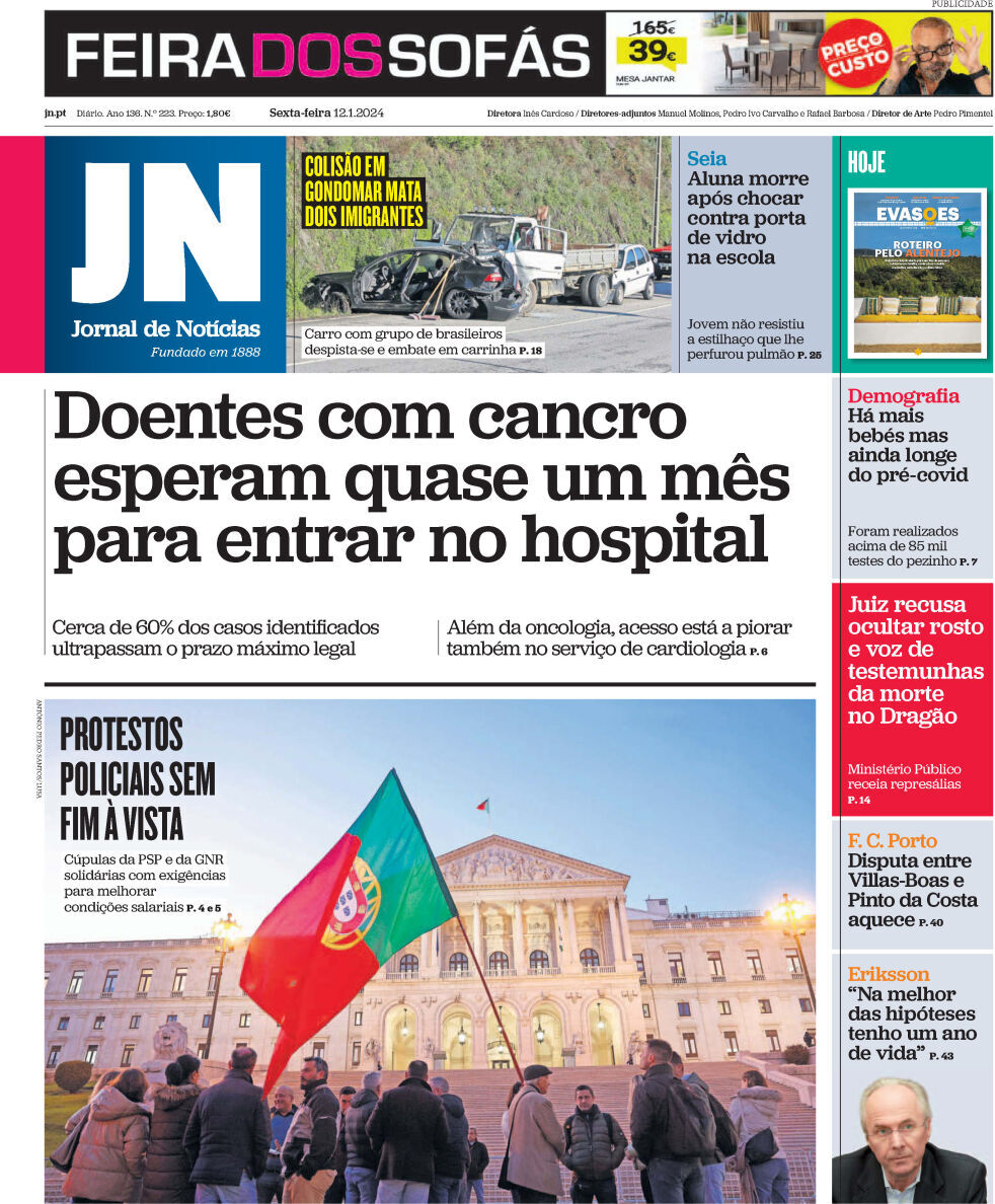 Jornal de Not&iacute;cias: Capa da Edi&ccedil;&atilde;o de sexta-feira, 12 de janeiro 2024