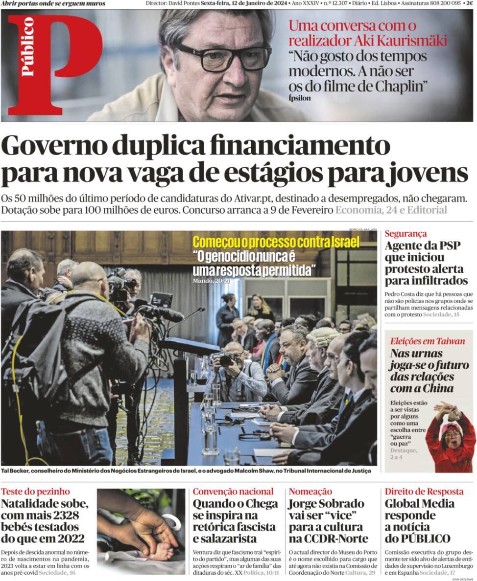 P&uacute;blico: Capa da Edi&ccedil;&atilde;o de sexta-feira, 12 de janeiro 2024