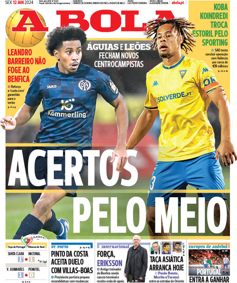 A Bola: Capa da Edi&ccedil;&atilde;o de sexta-feira, 12 de janeiro 2024