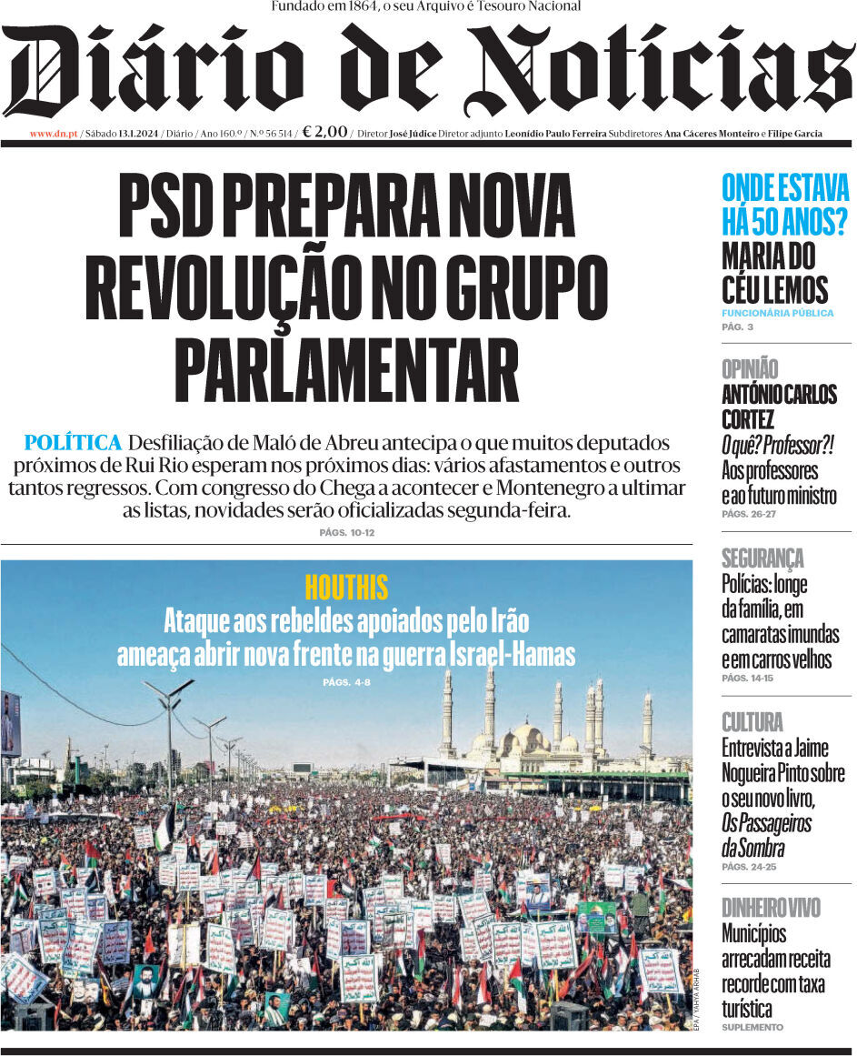 Di&aacute;rio de Not&iacute;cias: Capa da Edi&ccedil;&atilde;o de s&aacute;bado, 13 de janeiro 2024