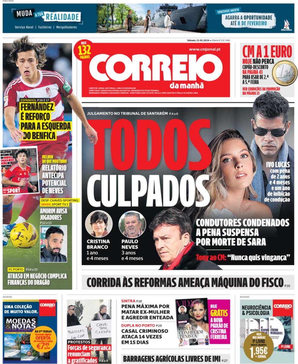 Correio da Manh&atilde;: Capa da Edi&ccedil;&atilde;o de s&aacute;bado, 13 de janeiro 2024
