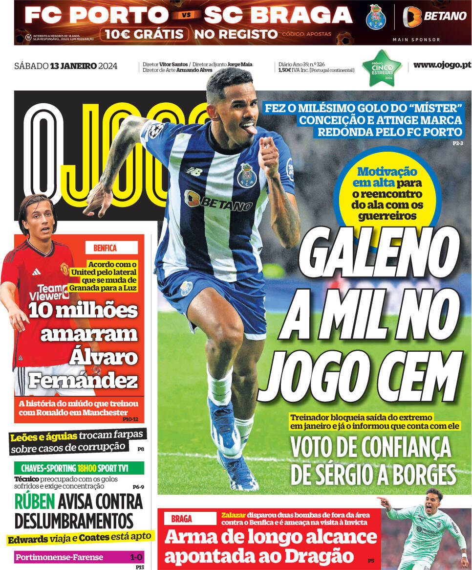O Jogo: Capa da Edi&ccedil;&atilde;o de s&aacute;bado, 13 de janeiro 2024