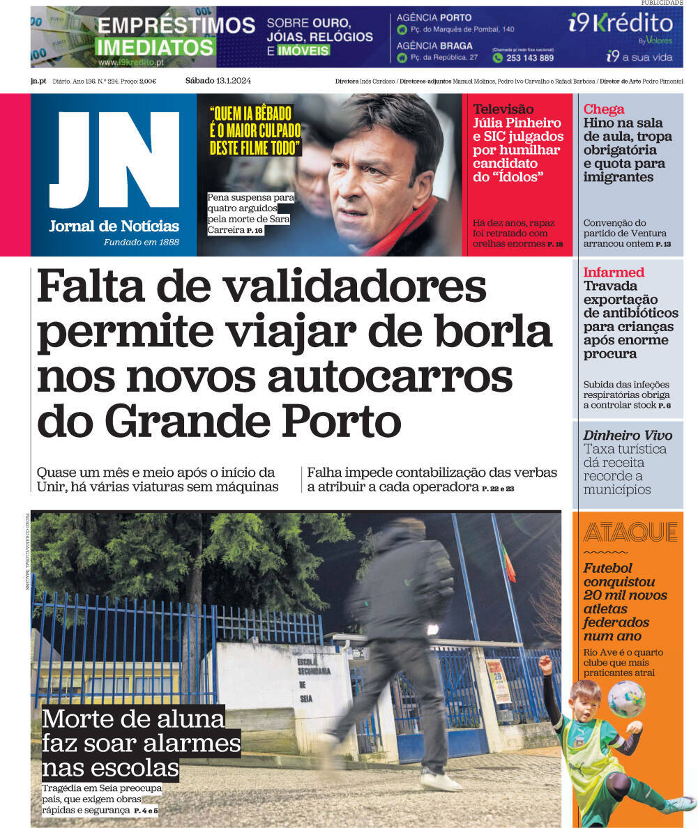 Jornal de Not&iacute;cias: Capa da Edi&ccedil;&atilde;o de s&aacute;bado, 13 de janeiro 2024