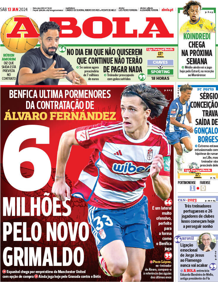 A Bola: Capa da Edi&ccedil;&atilde;o de s&aacute;bado, 13 de janeiro 2024