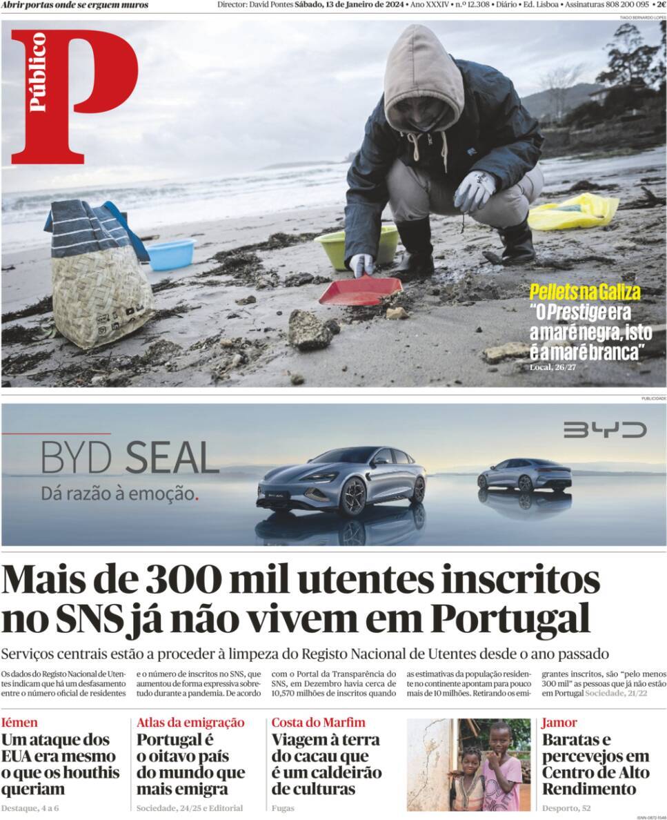 P&uacute;blico: Capa da Edi&ccedil;&atilde;o de s&aacute;bado, 13 de janeiro 2024