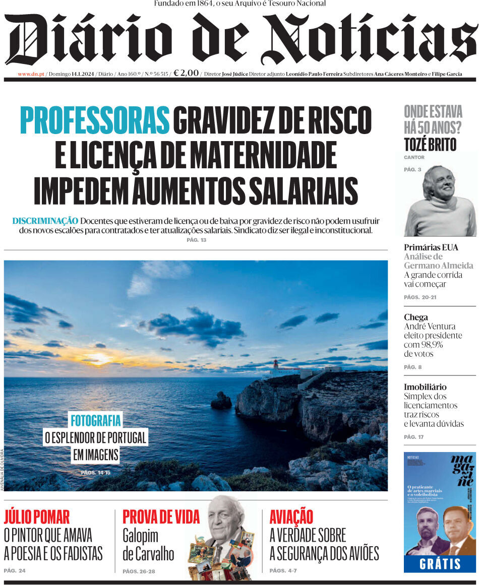 Di&aacute;rio de Not&iacute;cias: Capa da Edi&ccedil;&atilde;o de domingo, 14 de janeiro 2024