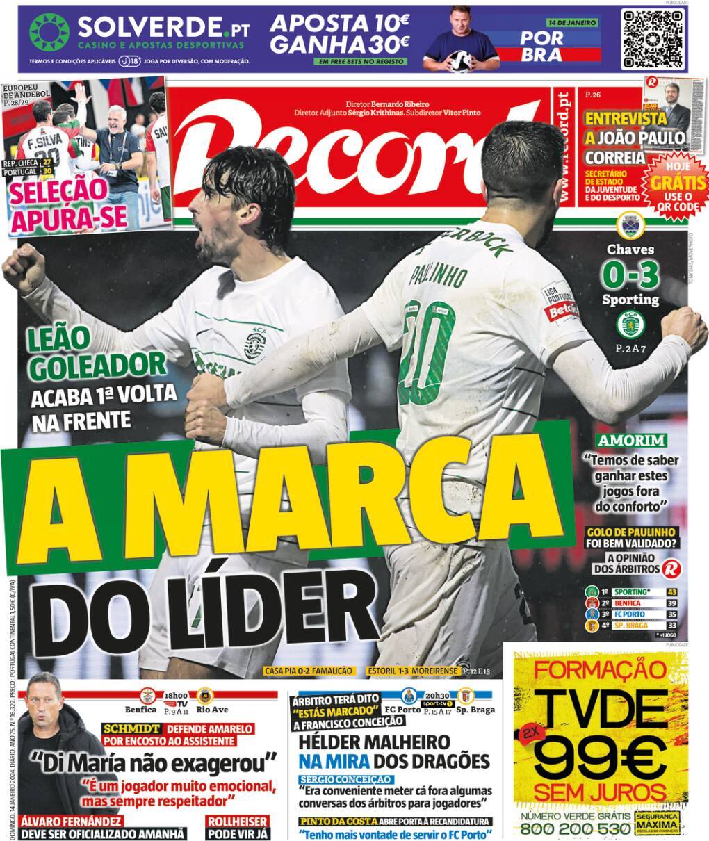 Record: Capa da Edi&ccedil;&atilde;o de domingo, 14 de janeiro 2024